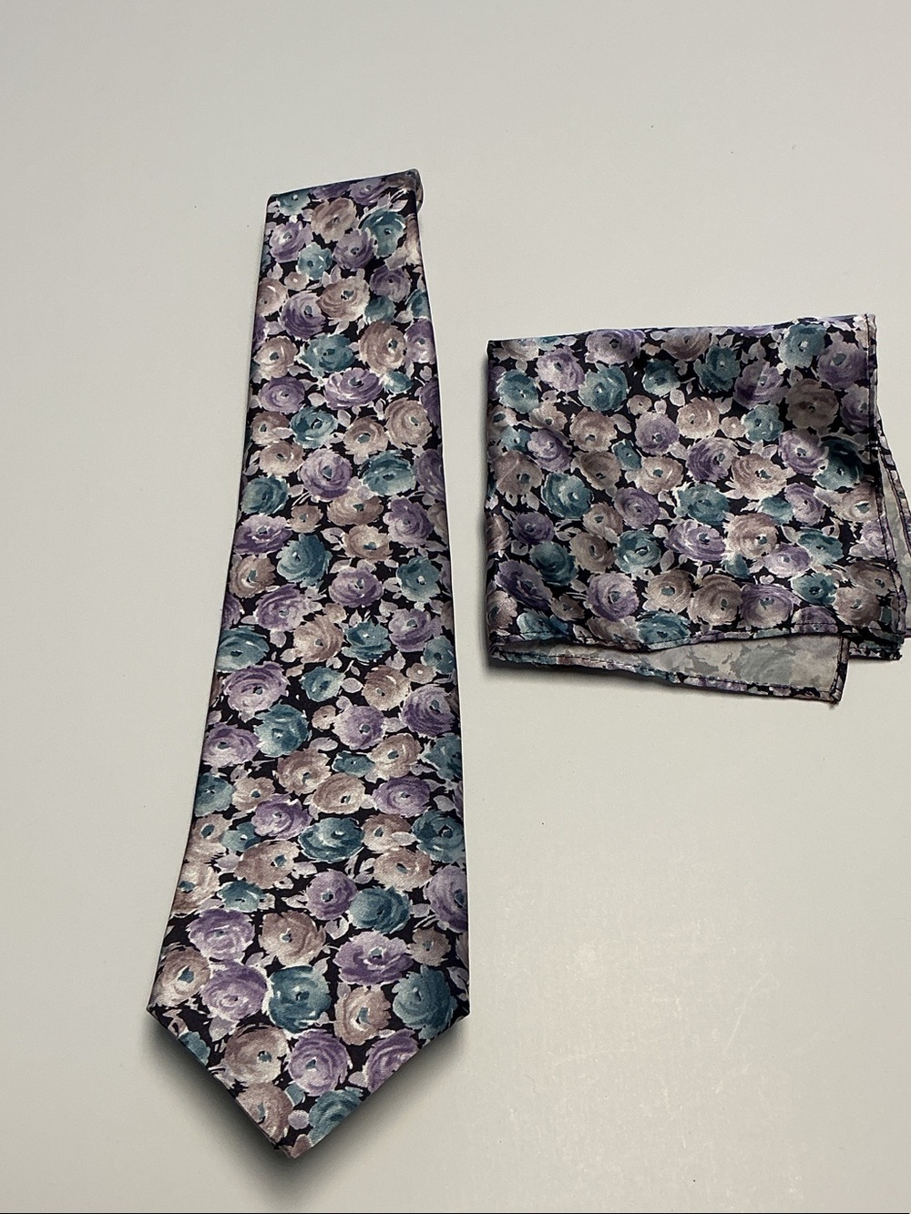 Towncraft Floral Tie and Pocket Square in Purple, Teal, and Gray